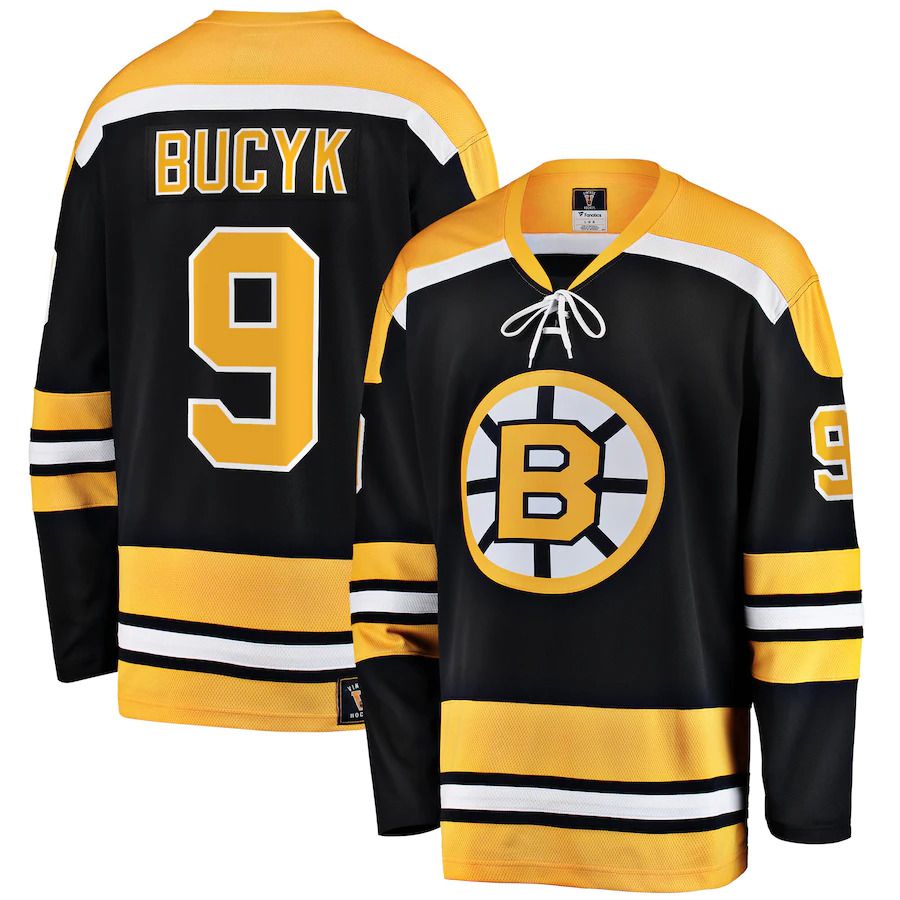 Men Boston Bruins 9 John Bucyk Fanatics Branded Black Premier Breakaway Retired Player NHL Jersey